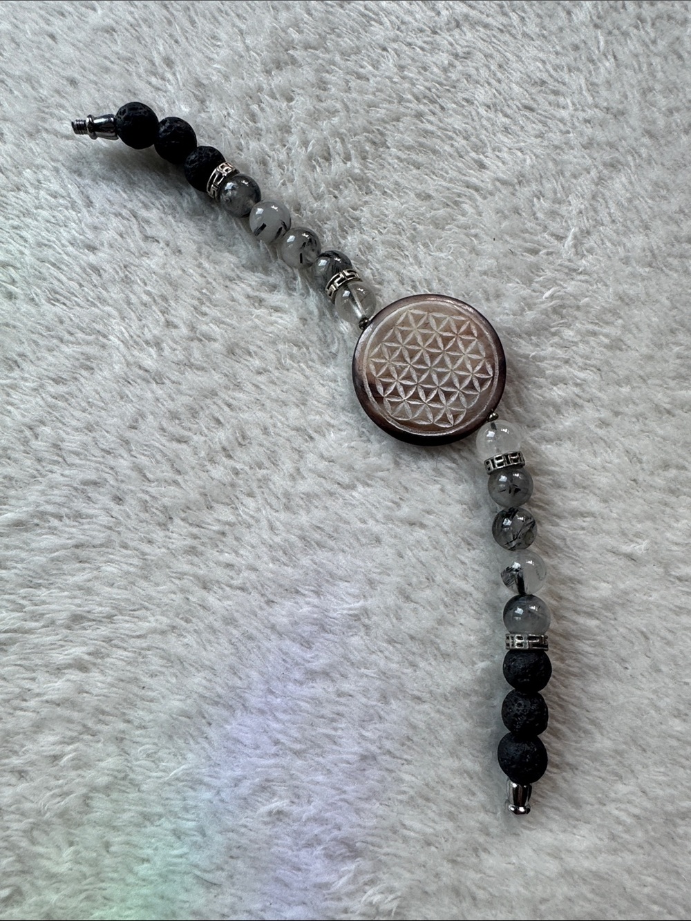 Beaded Gray Lava Stone Bracelet with Carved Round Accent